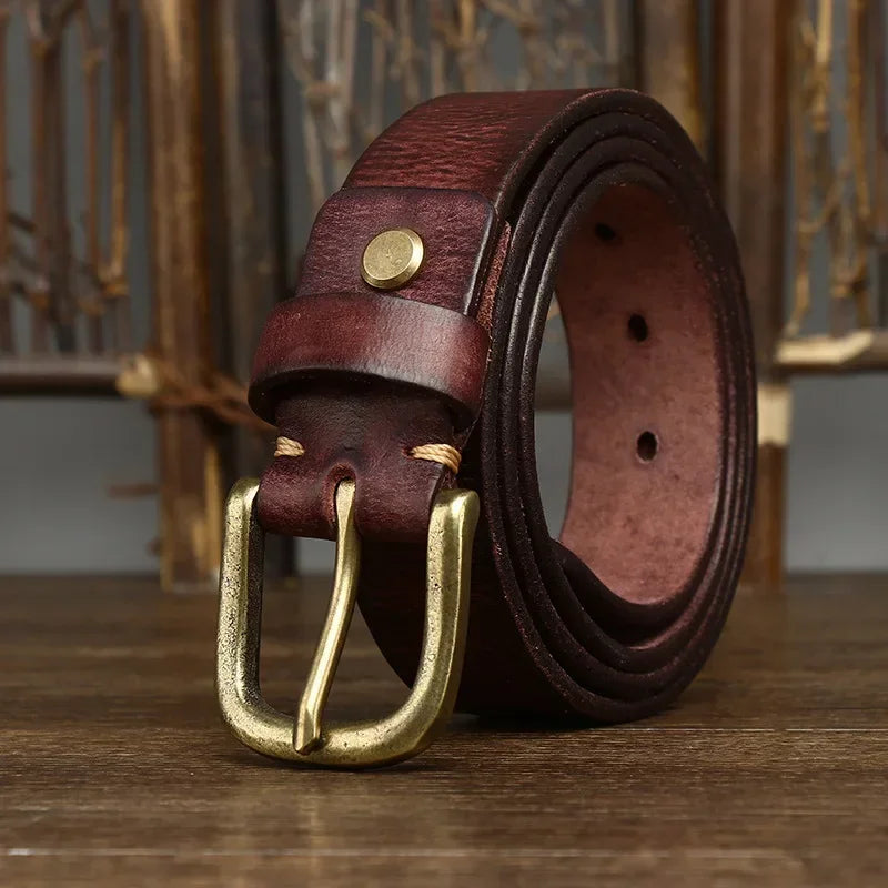 3.3CM Genuine Leather Belt Men Luxury Strap Male Fashion Pure Cowhide Copper Buckle Wild Classic Retro Pin Buckle High Quality