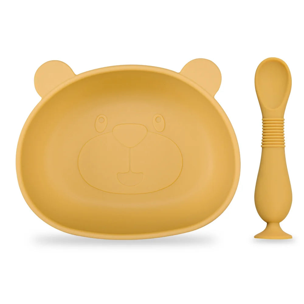 BPA Free 2Pcs/1Set Silicone Baby Feeding Bowl Silicone Dishes for Baby Tableware Waterproof Spoon Non-Slip Crockery Bowl