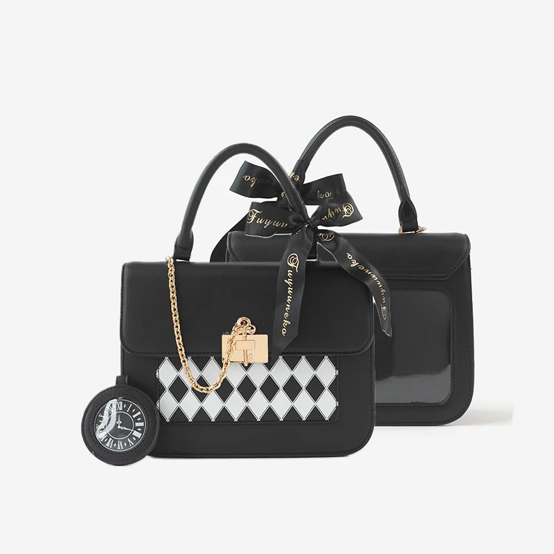 JIAERDI Sweet Bow-knot Handbags Women Japanese Kawaii Lolita Square Crossbody Bags Ladies Chessboard Diamond Grid Black Itabag