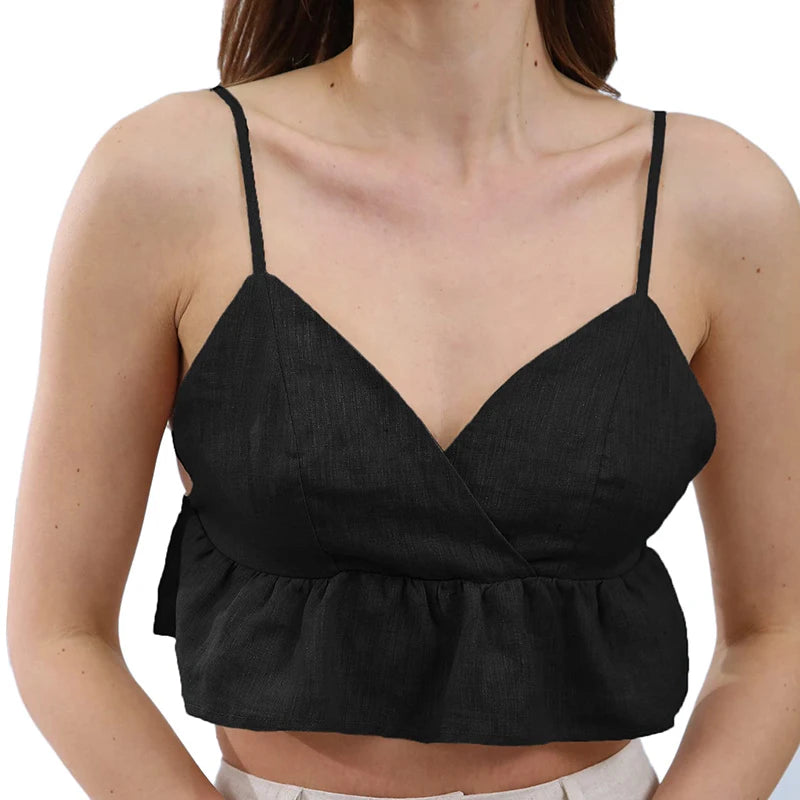 100% Linen White Top For Women Sexy Sleeveless Ruffles Summer Holiday Beach Crop Top Female Cute Tops Haut Femme