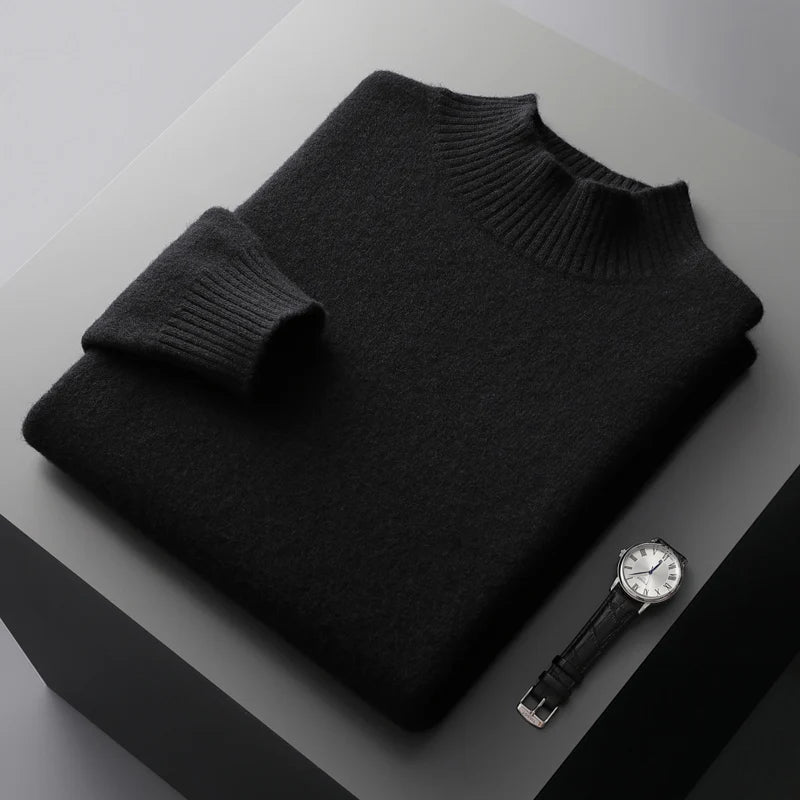 100% Pure Wool Cashmere Sweater Men's Half Turtleneck Pullover Casual Fashion Thickening Tops Knit Loose Patchwork Men's Jacket