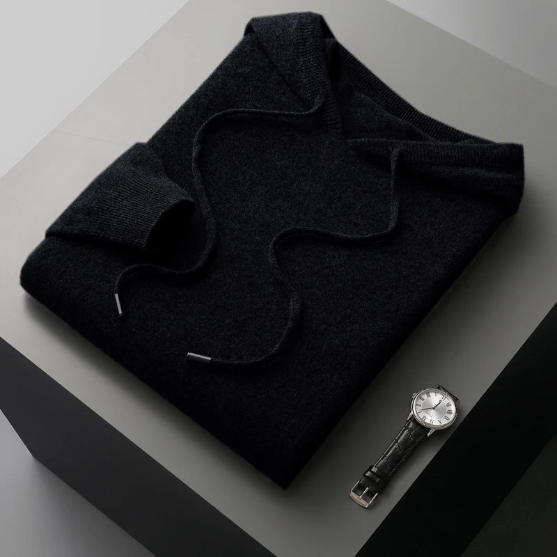Autumn Winter New Cashmere Sweater Men's 100% Wool Hooded Collar Knitted Pullover Casual long Sleeved Hoodie