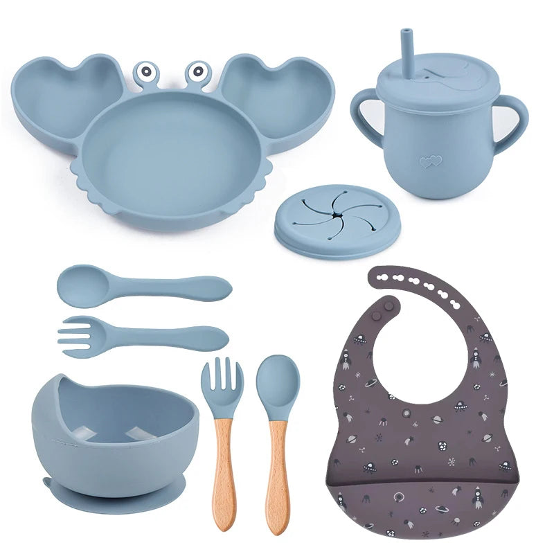 9Pcs Baby Silicone Non-Slip Suction Bowl Plate Spoon Waterproof Bib Cup Set Baby Crab Dishes Food Feeding Bowl for Kids BPA Free