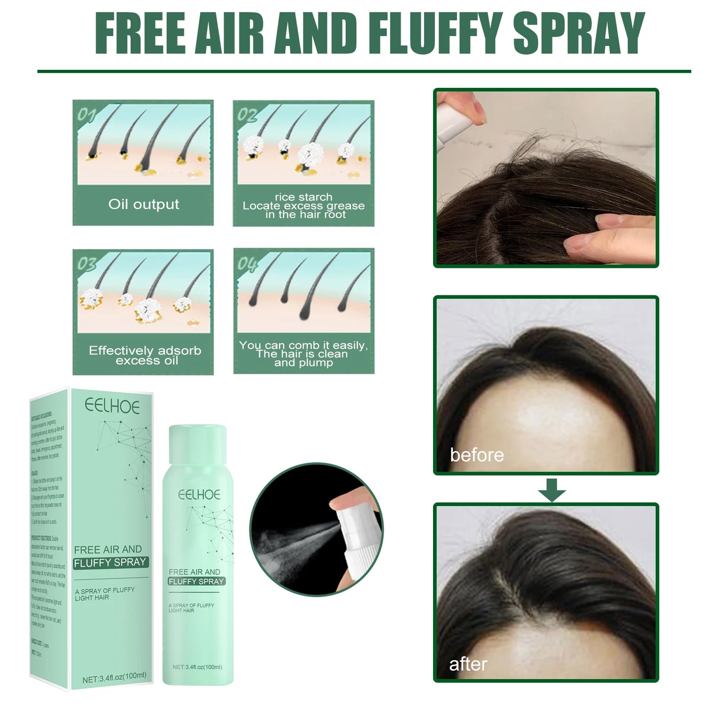 EELHOE No Wash Shampoo Free Air and Fluffy Spray Hair Refreshing Spray Oil Control Dry Hair Shampoo Fluffy Volumizing Hair Spray