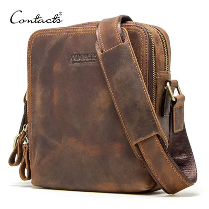 CONTACT'S Genuine Leather Men's Messenger Bag Vintage Shoulder Bags for 7.9" Ipad Mini High Quality Male Crossbody Bag