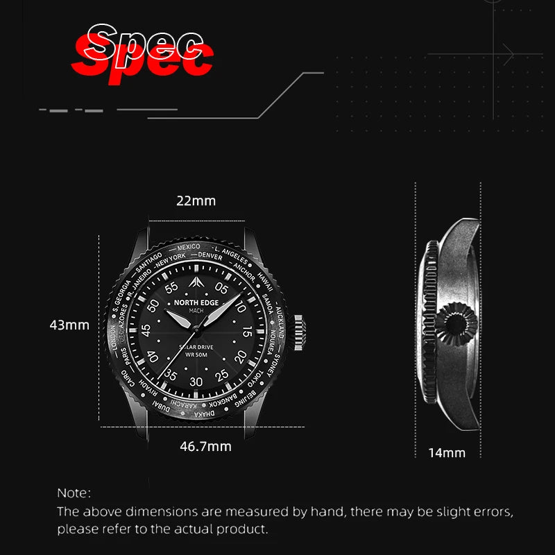 NORTH EDGE 2024 MACH Solar Power Quartz watch Men Waterproof 50M Men's Pilot Sports Wristwatches Luminous Enviormentally Clock