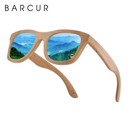 BARCUR Retro Square Men Sun Glasses Women Polarized Sunglasses Natural Bamboo Handmade Wood Sunglasses Beach Wooden UV400