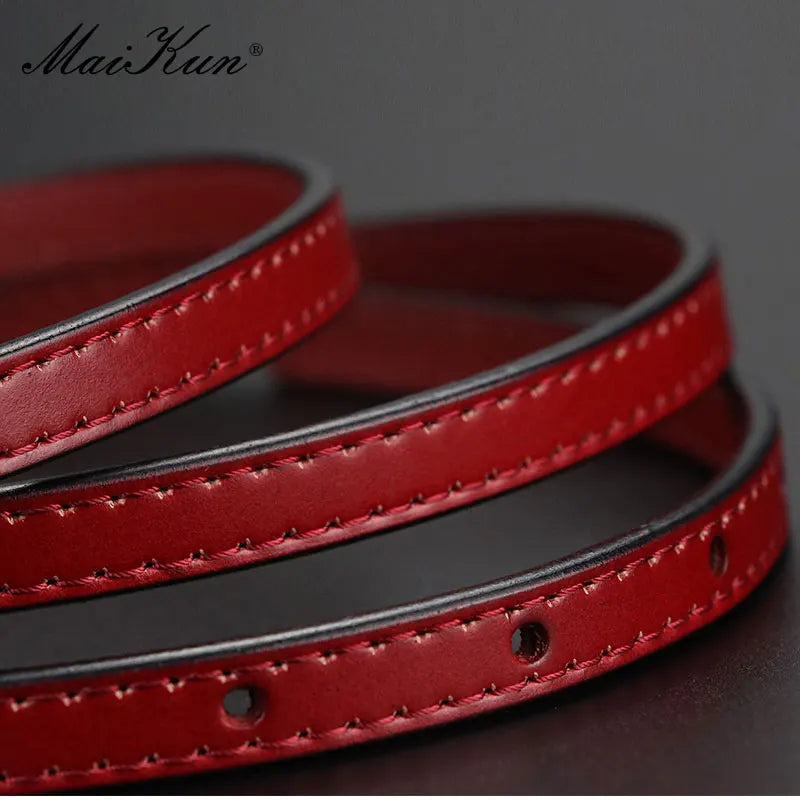 Maikun Women Belts Alloy Pin Buckle Genuine Leather Thin Belt Female Waistband for Jeans Dresses Pants