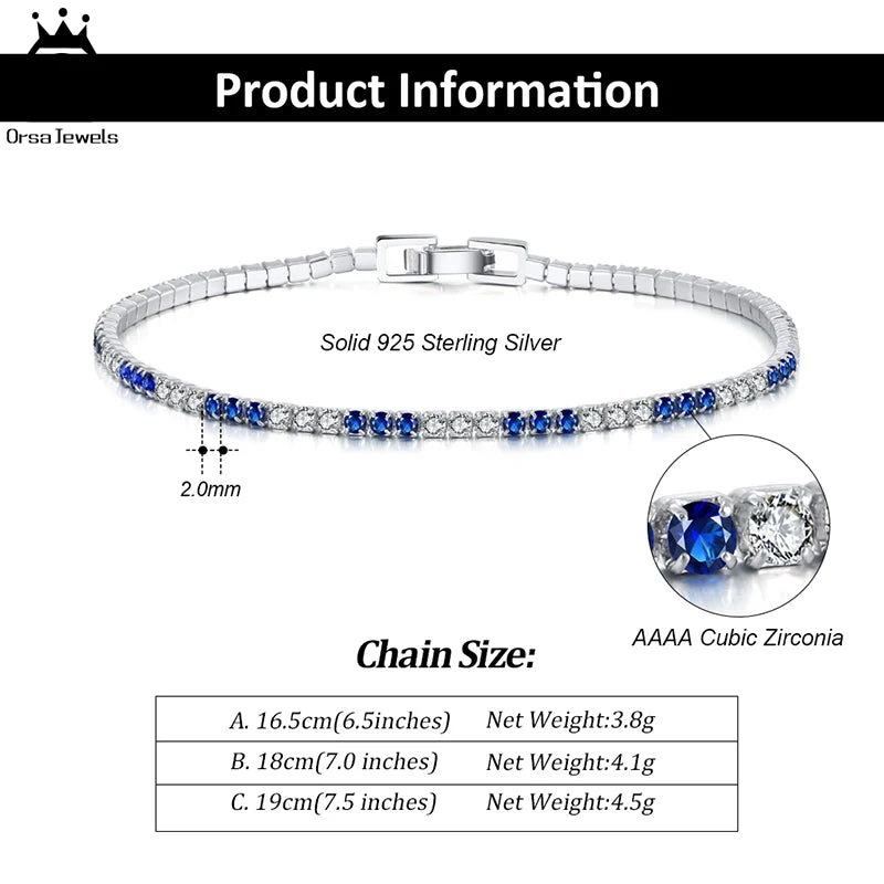 ORSA JEWELS 925 Silver Tennis Deluxe Bracelet for Women Blue and White Cubic Zirconia Stunning Tennis Bracelet Best Gift SB117