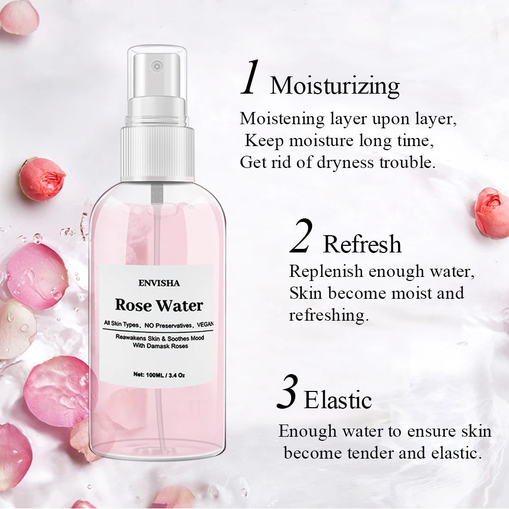 ENVISHA Vegan Rose Water For Face Facial Toner Organic Rose Petals Essence Moisturizing Serum Refresh Elastic Shrink Pores Skin Care