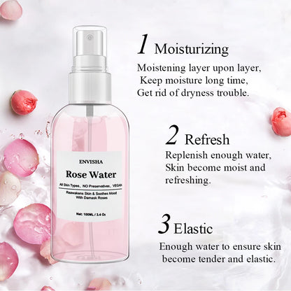 ENVISHA Vegan Rose Water For Face Facial Toner Organic Rose Petals Essence Moisturizing Serum Refresh Elastic Shrink Pores Skin Care