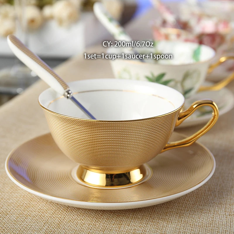 Europe Bone China Coffee Cup Saucer Spoon Set 200ml Luxury Ceramic Mug Top-grade Porcelain Tea Cup Cafe Teaware Party Drinkware