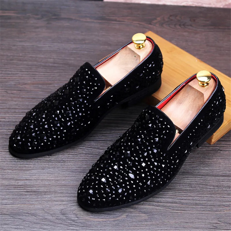 Movechain Arrive Men's Genuine Leather Loafers Casual Shoes Fashion Mens Rhinestone Driving Shoes Man Flats Dress Wedding Shoes