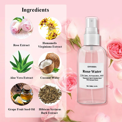 ENVISHA Vegan Rose Water For Face Facial Toner Organic Rose Petals Essence Moisturizing Serum Refresh Elastic Shrink Pores Skin Care