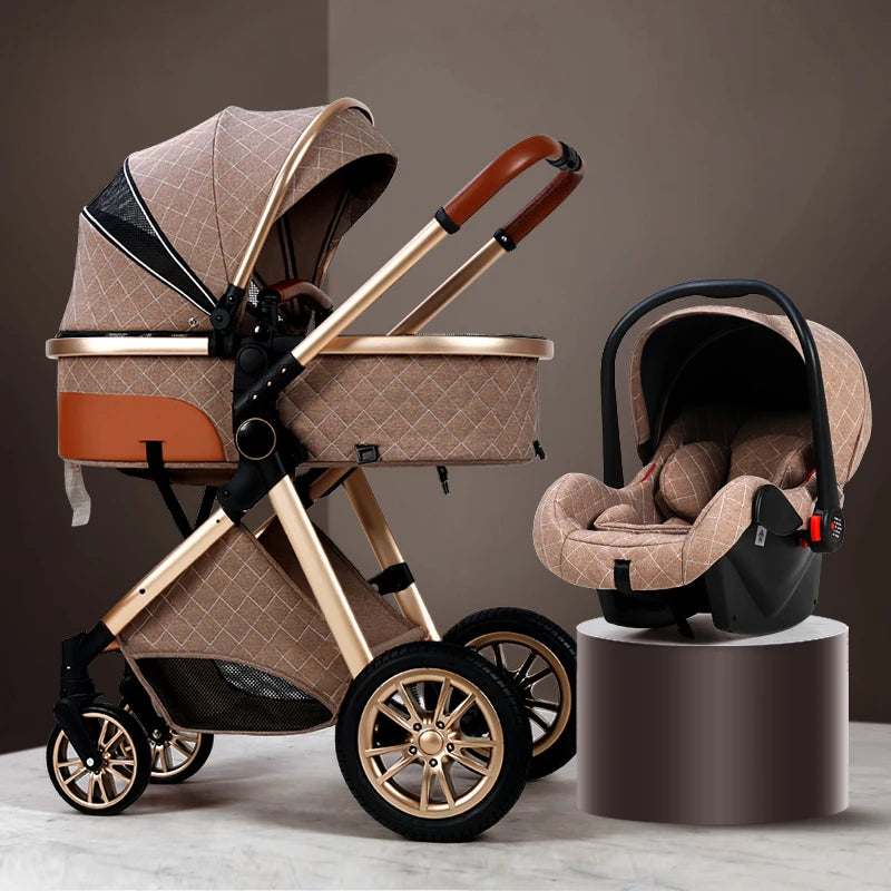 Luxury Baby Stroller 3 in 1 High Landscape Baby Cart Can Sit Can Lie Portable Pushchair Baby Cradel Infant Carrier