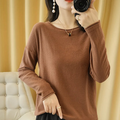 100% Cotton Women Knit Sweater Crimped Edge O-Neck Pullover Bottoming Pure Cotton Sweater Spring Autumn New Tops Clothes