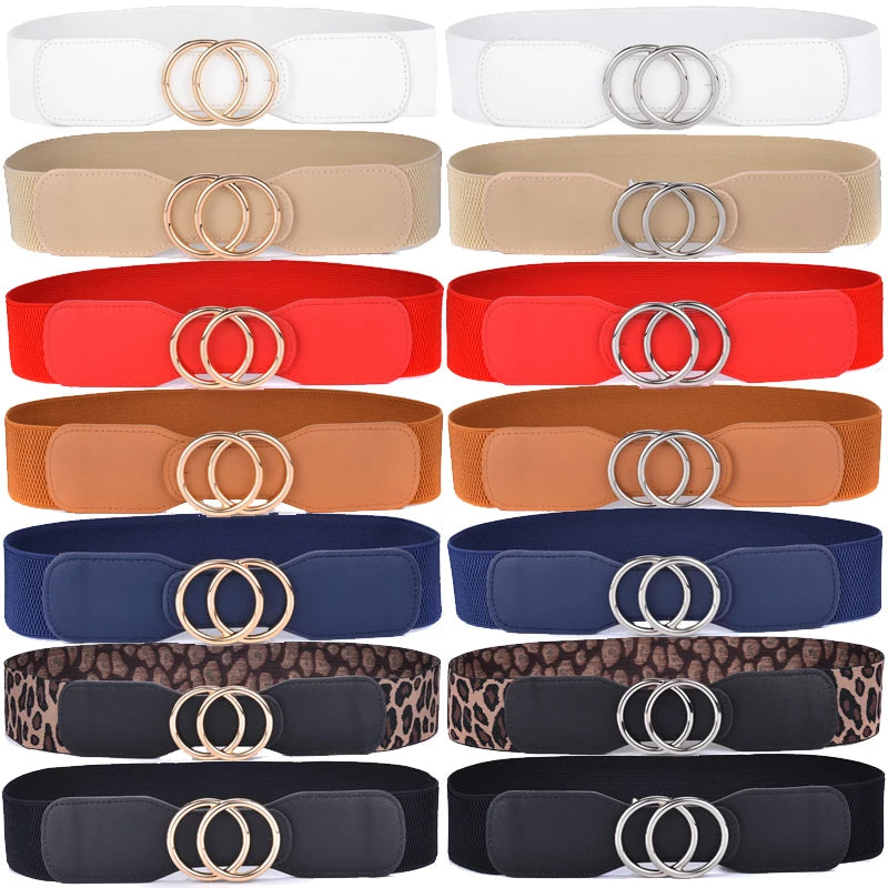 Women's Girdle Elastic Stretch Wide Waist Belts W Double Rings Buckle Cummerbunds Ladies