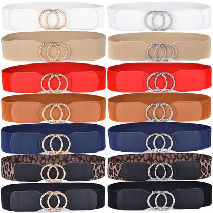 Women's Girdle Elastic Stretch Wide Waist Belts W Double Rings Buckle Cummerbunds Ladies