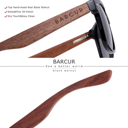 BARCUR Black Walnut Sunglasses Wood Polarized Sunglasses Men Glasses Men UV400 Protection Eyewear Wooden Original Box