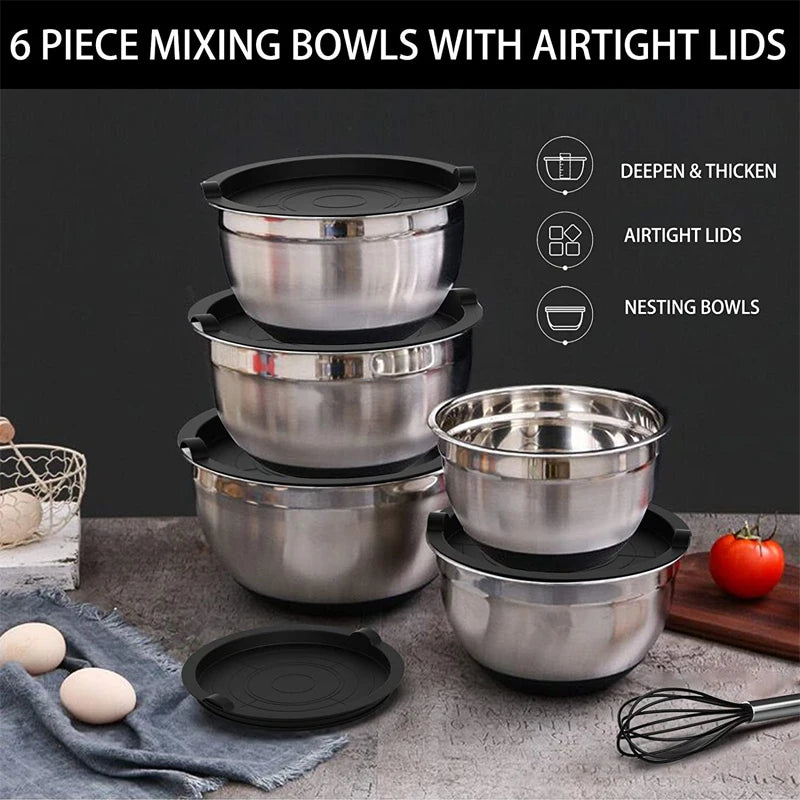 LMETJMA 6 Pcs Mixing Bowls with Lids and Non Slip Bases Stainless Steel Mixing Bowls Set for Baking Nesting Storage Bowls JT227