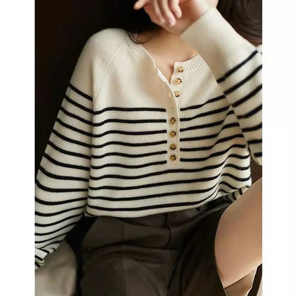 Autumn and Winter Women Striped Wool Blend Sweater O-Neck Sailor Pullover Cashmere Sweater Slim Knitted Warm Base Shirt