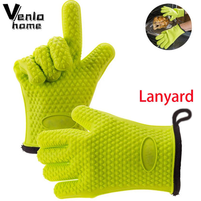 1/2Pc Silicone Glove With Lanyard Kitchen Grilling Gloves Oven Mitt Heat Resistant Non-slip Cooking BBQ Grill Glove Baking Glove