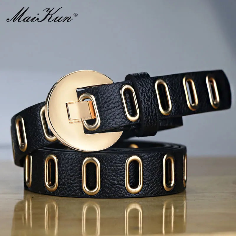 Maikun New Grunge Women Belt Adjustable Hole Grunge Punk Belts for Women Alloy Pin Buckle PU Leather Belt