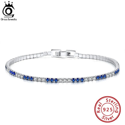 ORSA JEWELS 925 Silver Tennis Deluxe Bracelet for Women Blue and White Cubic Zirconia Stunning Tennis Bracelet Best Gift SB117