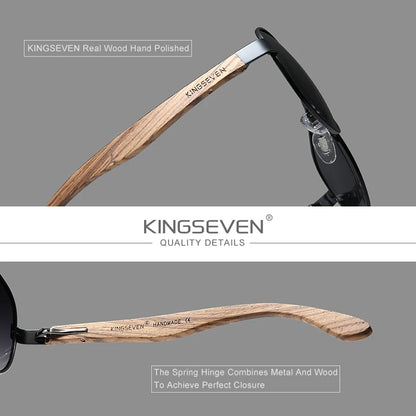 KINGSEVEN Men's Polarized Sunglasses High Quality Natural Zebra Wood Alloy Frame Women UV400 Glasses HD Lens Pilot Eyewear