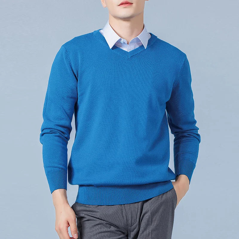 Men Jumpers Hot Sale Vneck Long Sleeve Pullovers Solid Color Standard Clothes Male Woolen Knitting Jumpers