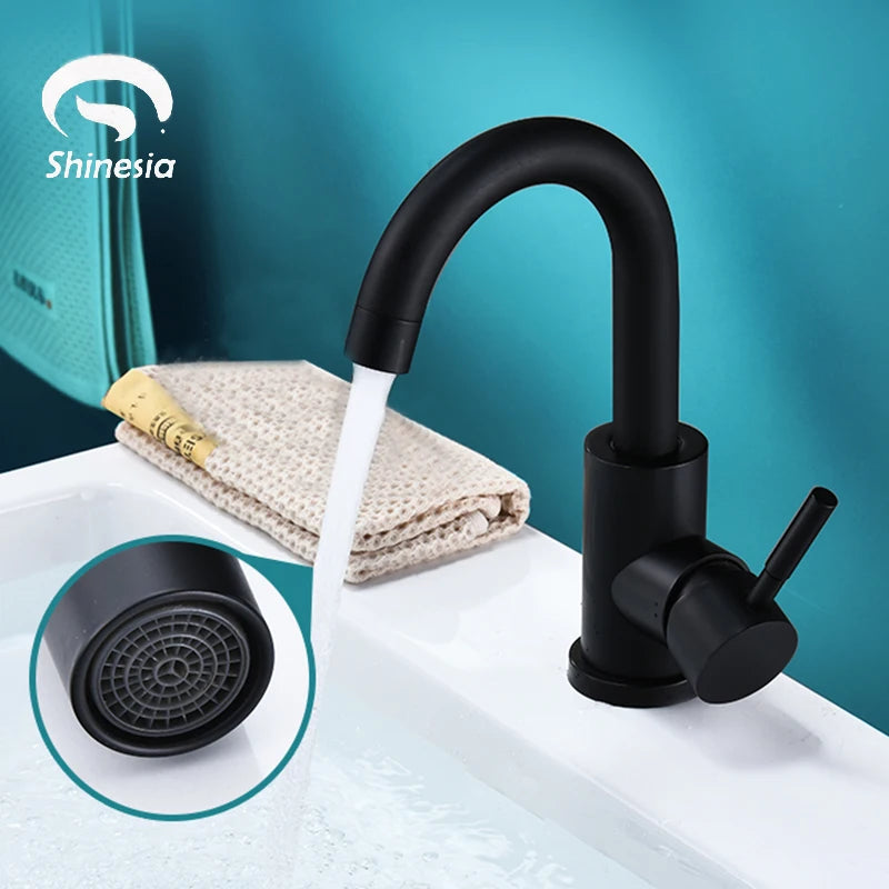 Shinesia Bathroom Basin Faucet Matte Black Series for Sink Vessel Stainless Steel Hot and Cold Water Mixer Tap Crane