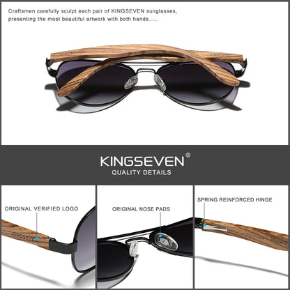 KINGSEVEN Men's Polarized Sunglasses High Quality Natural Zebra Wood Alloy Frame Women UV400 Glasses HD Lens Pilot Eyewear