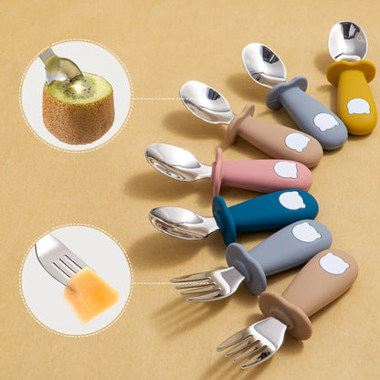 New Design Baby Feeding Solid Food Spoon Fork Set BPA Free Silicone Handle Cartoon Bear Stainless Utensil Children's Tableware