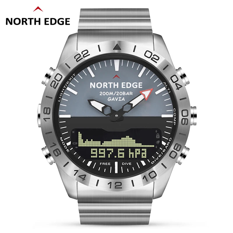 Men Dive Sports Digital watch Mens Watches Military Army Luxury Full Steel Business Waterproof 200m Altimeter Compass NORTH EDGE