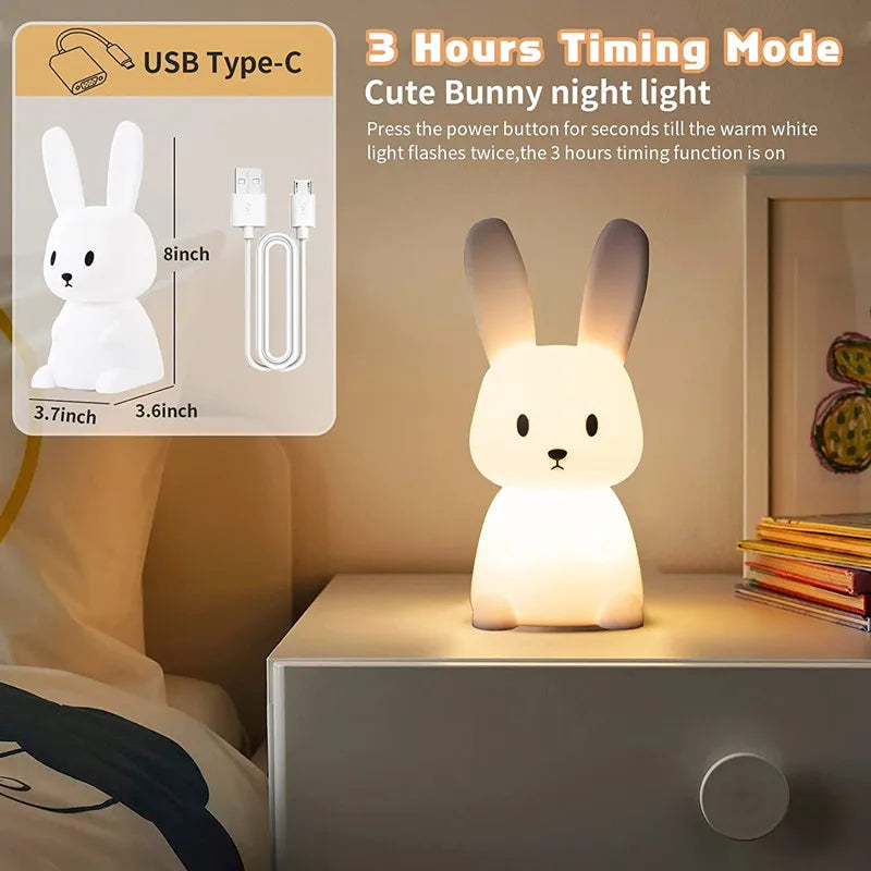 Night Light for Kids Room Cute Bunny Lamp Gifts for Nursery Girls Boys Toddler Kawaii Room Decor USB Silicone Rabbit Night Light