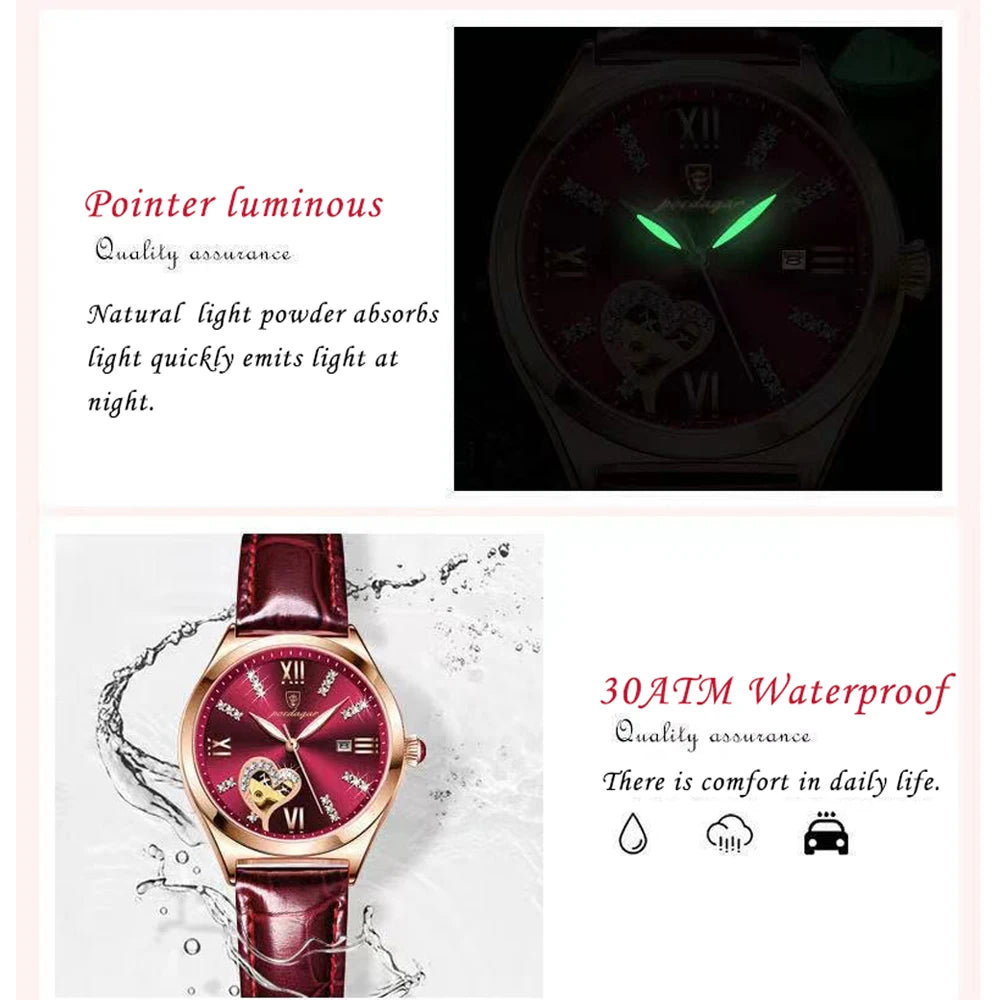 POEDAGAR Watch Women Diamond Waterproof Luminous Ladies Leather Watches Fashion Hollow Top Luxury Rose Gold Quartz Wristwatch