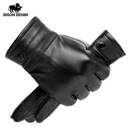 BISON DENIM Men Sheepskin Gloves Genuine Leather Thermal Warm Touchscreen Mittens Winter Ultralight Windproof Gloves For Driving