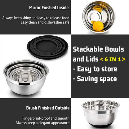 LMETJMA 6 Pcs Mixing Bowls with Lids and Non Slip Bases Stainless Steel Mixing Bowls Set for Baking Nesting Storage Bowls JT227