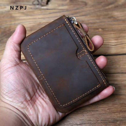 NZPJ Leather Mini Men's Coin Wallet Retro Leisure First Layer Cowhide Lady's Change Purse Crazy Horse Leather Credit Card Bag