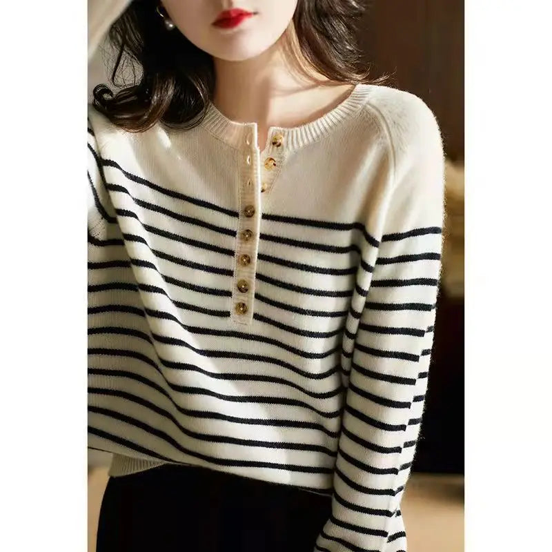 Autumn and Winter Women Striped Wool Blend Sweater O-Neck Sailor Pullover Cashmere Sweater Slim Knitted Warm Base Shirt