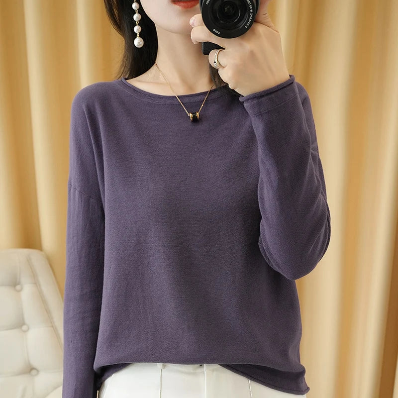 100% Cotton Women Knit Sweater Crimped Edge O-Neck Pullover Bottoming Pure Cotton Sweater Spring Autumn New Tops Clothes