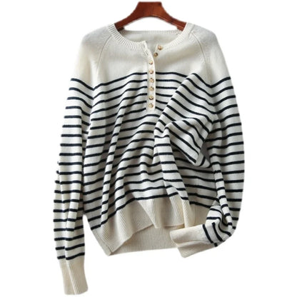 Autumn and Winter Women Striped Wool Blend Sweater O-Neck Sailor Pullover Cashmere Sweater Slim Knitted Warm Base Shirt