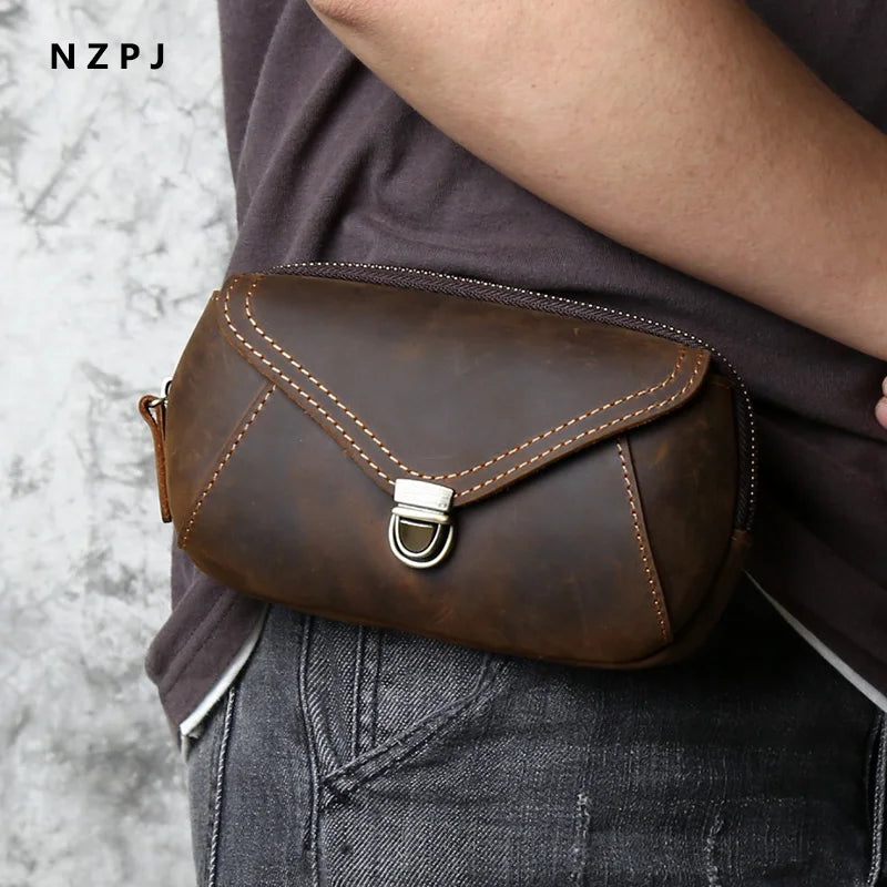 NZPJ Retro Leather Men's Mobile Phone Bag Crazy-horse Leather Waist Bag Top Layer Cowhide Clutch Cross-body Shoulder Bag Fanny Pack