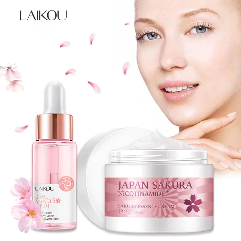 LAIKOU Sakura Serum And Collagen Face Cream Cherry Blossom Essence Moisturizing Brightening Shrink Pores Face Care Set