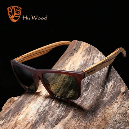 HU WOOD Sunglasses for Men Zebra Wood Polarized Sun glasses Rectangle Lenses Driving UV400 Protection Eyewear Wooden GR8002