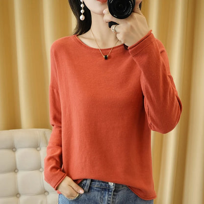 100% Cotton Women Knit Sweater Crimped Edge O-Neck Pullover Bottoming Pure Cotton Sweater Spring Autumn New Tops Clothes