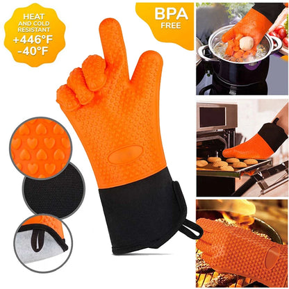 Long Thick Silicone Gloves Heat-resistant Non-slip Microwave Oven Mitts Kitchen BBQ Baking Cooking Canvas Stitching Oven Gloves