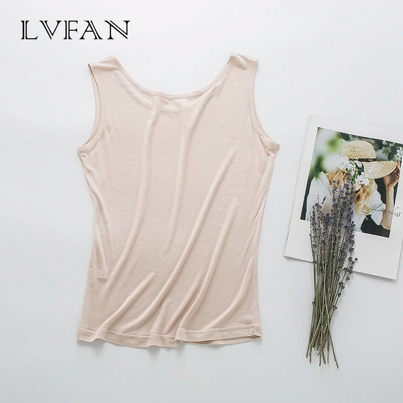 Natural silk women's vest summer sleeveless silk knitted comfortable fabric new tank top short Comfortable LVFAN Y009