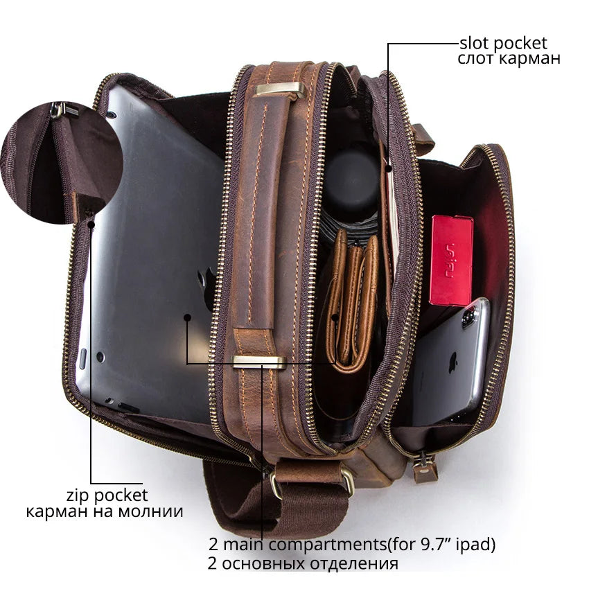 CONTACT'S Crazy Horse Leather Men's Shoulder Bag Vintage Messenger Bags Men Bolsos Male Crossbody Bags Man's Handbag Sling Bag