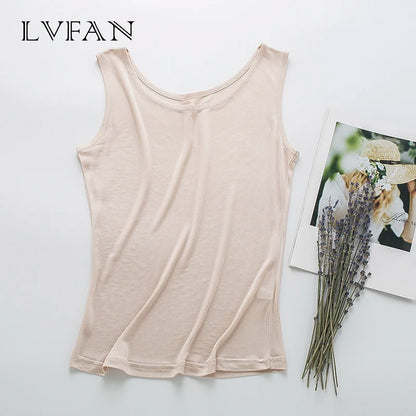 Natural silk women's vest summer sleeveless silk knitted comfortable fabric new tank top short Comfortable LVFAN Y009